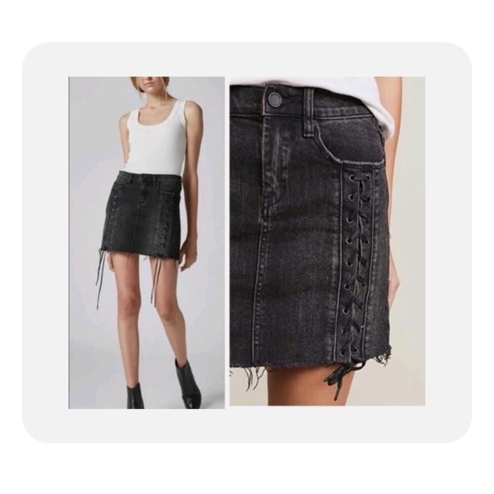 💛3/$15 BLANK NYC BLACK DENIM LACE UP MINI SKIRT FRAYED DISTRESSED HEM SIZE 28